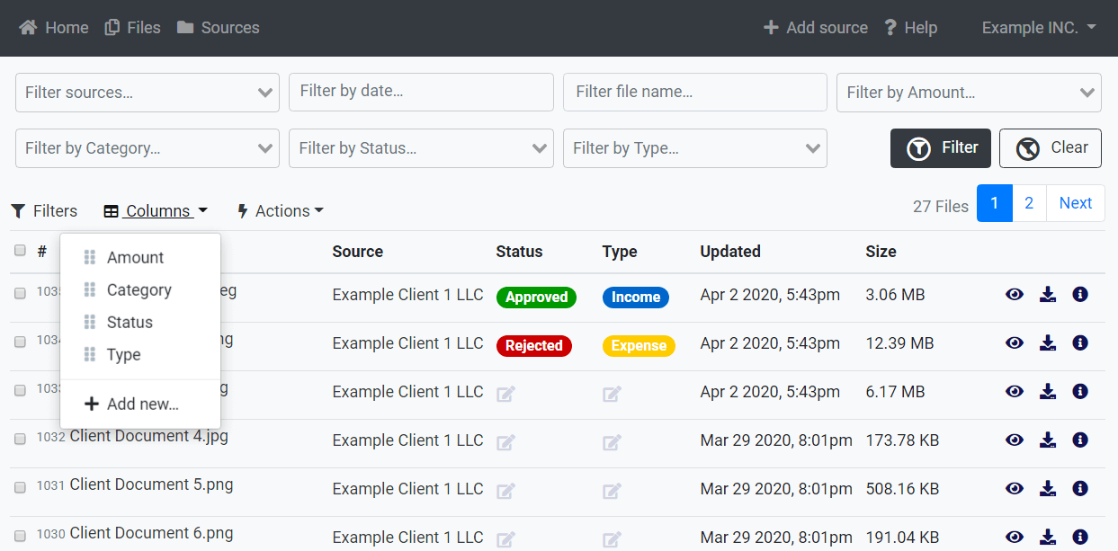 Files columns menu