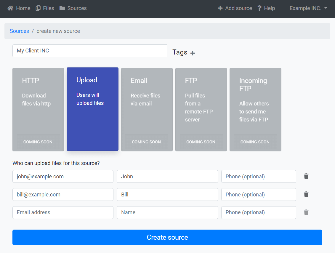 Add source - Manual upload